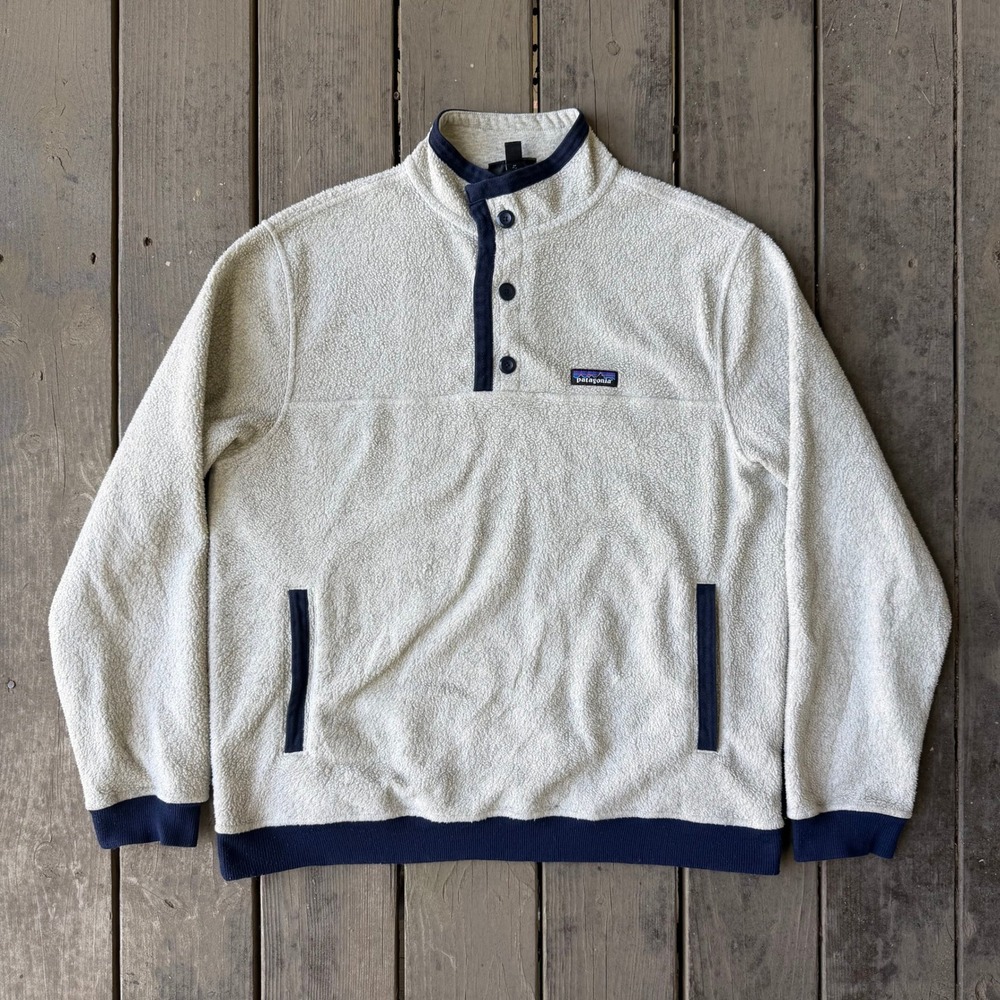 Patagonia Re-Tool Snap-T Fleece Pullover Oatmeal Navy Blue Large
